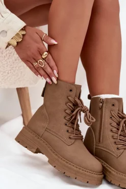 Damskie Botki Workery Na Zamek Ciemnobeżowe Tirina