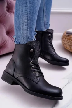 Damskie Botki Workery Płaski Obcas Czarne Flumen