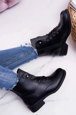 Damskie Botki Workery Płaski Obcas Czarne Flumen