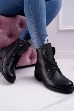 Damskie Botki Workery Płaski Obcas Czarne Flumen