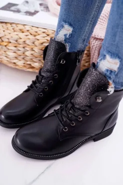 Damskie Botki Workery Płaski Obcas Czarne Flumen