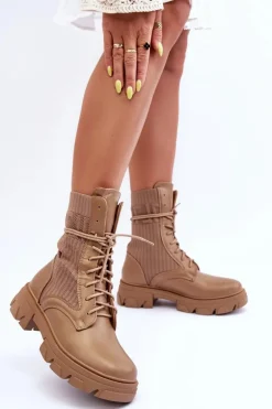 Damskie Botki Workery Sznurowane Ciemnobeżowe Marlissa