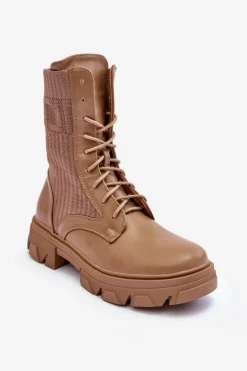 Damskie Botki Workery Sznurowane Ciemnobeżowe Marlissa