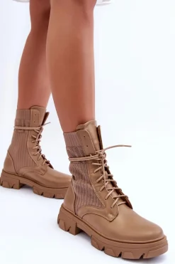 Damskie Botki Workery Sznurowane Ciemnobeżowe Marlissa