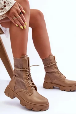 Damskie Botki Workery Sznurowane Ciemnobeżowe Marlissa