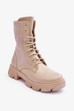 Damskie Botki Workery Sznurowane Beżowe Marlissa