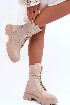Damskie Botki Workery Sznurowane Beżowe Marlissa