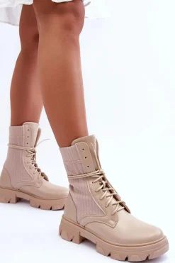 Damskie Botki Workery Sznurowane Beżowe Marlissa