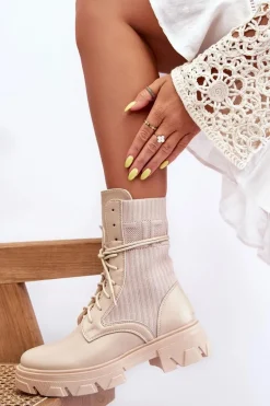 Damskie Botki Workery Sznurowane Beżowe Marlissa