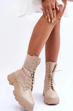 Damskie Botki Workery Sznurowane Beżowe Marlissa