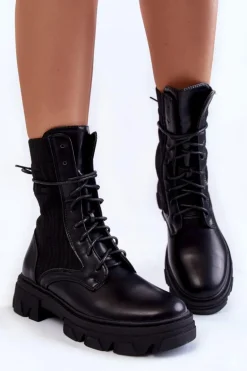 Damskie Botki Workery Sznurowane Czarne Marlissa