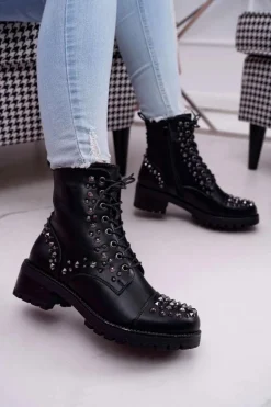 Damskie Botki Workery Z Dżetami Czarne Gether