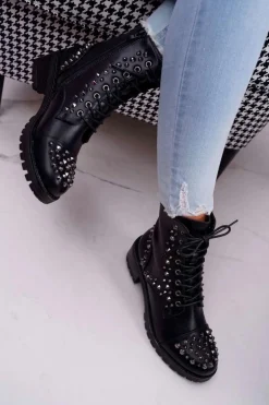 Damskie Botki Workery Z Dżetami Czarne Gether