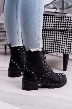 Damskie Botki Workery Z Dżetami Czarne Gether