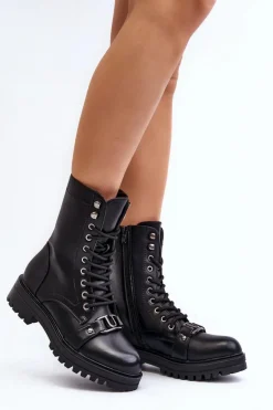 Damskie Botki Workery Z Ozdobą Czarne Belluxe