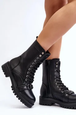 Damskie Botki Workery Z Ozdobą Czarne Belluxe