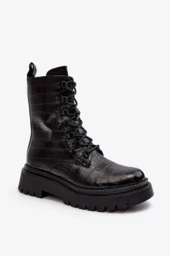 Damskie Botki Workery Z Ozdobnym Tłoczeniem Czarne Tarolia