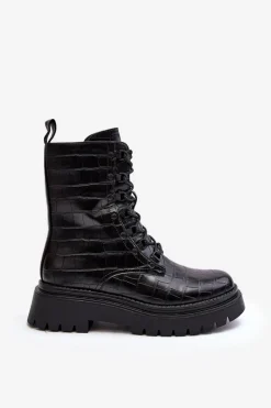 Damskie Botki Workery Z Ozdobnym Tłoczeniem Czarne Tarolia