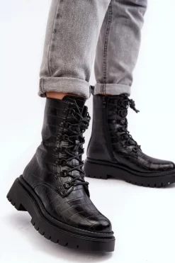 Damskie Botki Workery Z Ozdobnym Tłoczeniem Czarne Tarolia