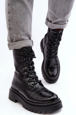 Damskie Botki Workery Z Ozdobnym Tłoczeniem Czarne Tarolia