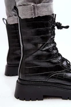 Damskie Botki Workery Z Ozdobnym Tłoczeniem Czarne Tarolia