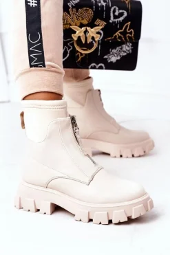 Damskie Botki Workery Z Suwakiem Beżowe Cheers