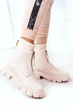 Damskie Botki Workery Z Suwakiem Beżowe Cheers