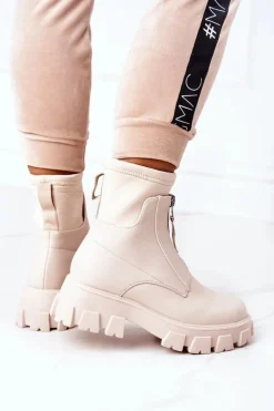 Damskie Botki Workery Z Suwakiem Beżowe Cheers