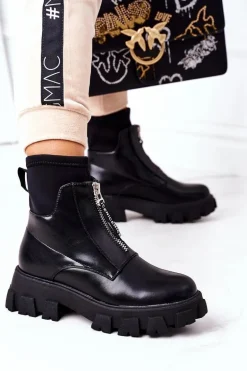 Damskie Botki Workery Z Suwakiem Czarne Cheers