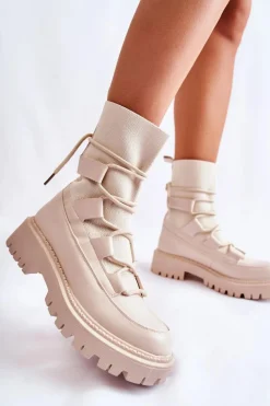 Damskie Botki Workery Ze Skarpetą Beżowe Fallor