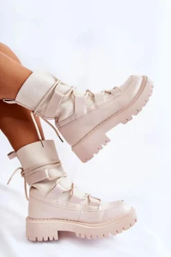 Damskie Botki Workery Ze Skarpetą Beżowe Fallor