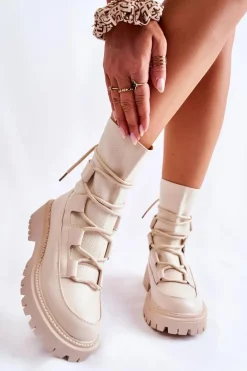 Damskie Botki Workery Ze Skarpetą Beżowe Fallor