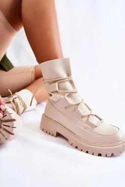 Damskie Botki Workery Ze Skarpetą Beżowe Fallor