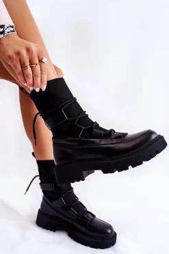 Damskie Botki Workery Ze Skarpetą Czarne Fallor