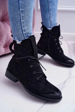 Damskie Botki Wysokie Czarne Zamszowe Barski 75-13