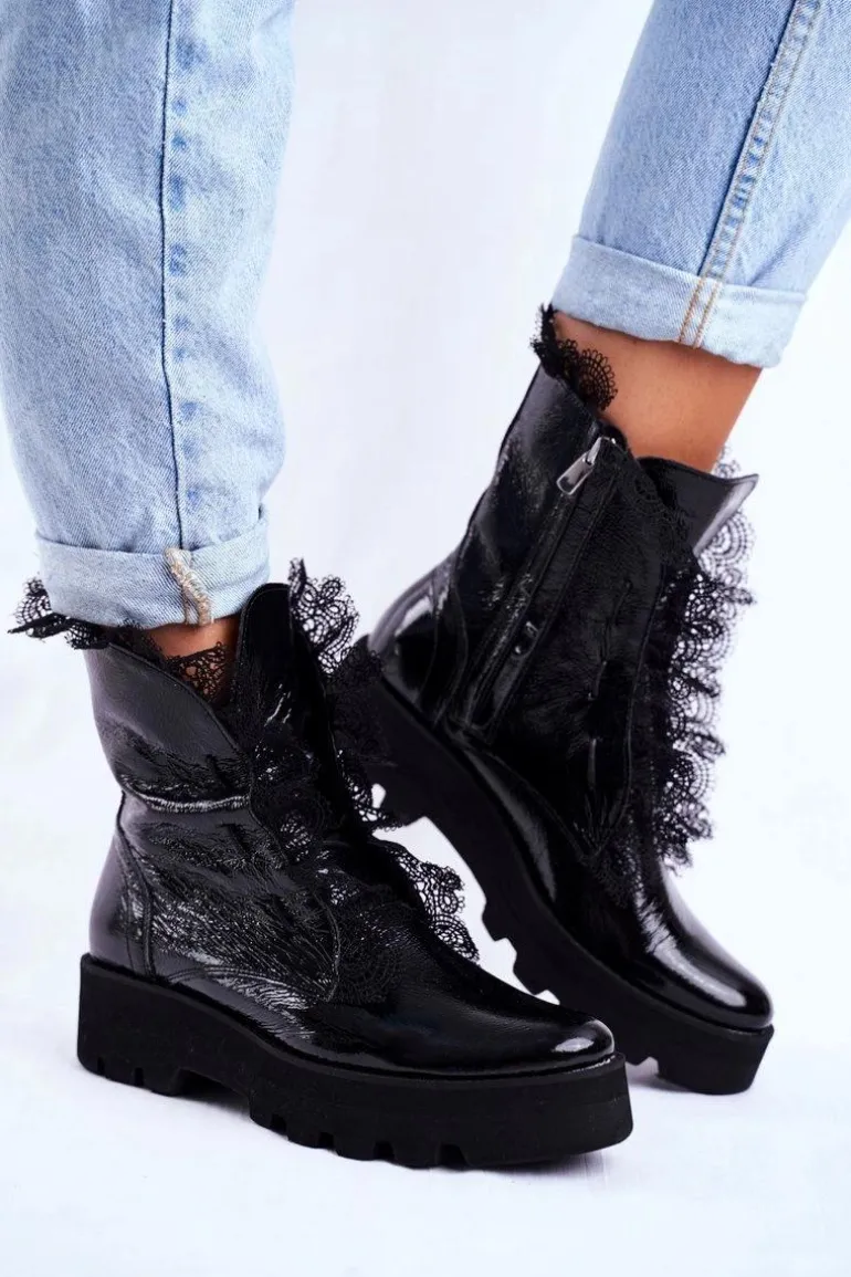 Damskie Botki Wysokie Lakierowane Skórzane Montegero