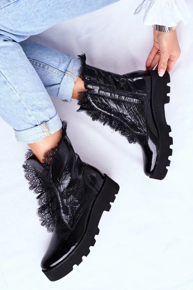 Damskie Botki Wysokie Lakierowane Skórzane Montegero