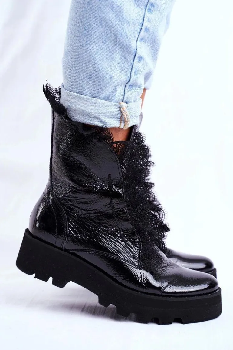 Damskie Botki Wysokie Lakierowane Skórzane Montegero