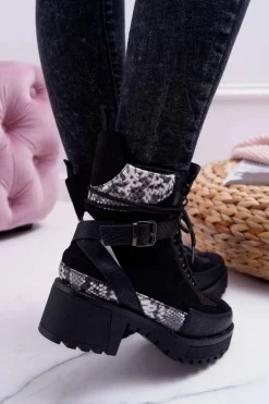Damskie Botki Wysokie Trapery Snake Czarne Nemtere