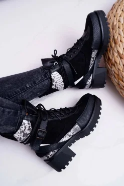 Damskie Botki Wysokie Trapery Snake Czarne Nemtere