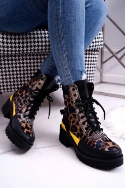 Damskie Botki Wysokie Trapery Leopard Femida