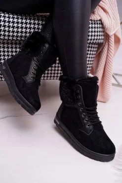 Damskie Botki Wysokie z Futerkiem Czarne Glamiso