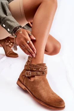 Damskie Botki Z Dżetami Na Płaskim Obcasie Brązowe Larino