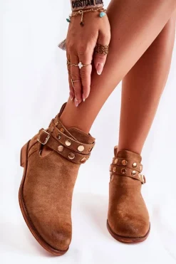 Damskie Botki Z Dżetami Na Płaskim Obcasie Brązowe Larino