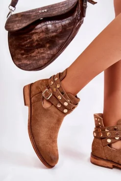 Damskie Botki Z Dżetami Na Płaskim Obcasie Brązowe Larino