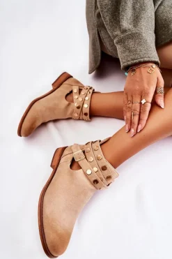 Damskie Botki Z Dżetami Na Płaskim Obcasie Beżowe Larino