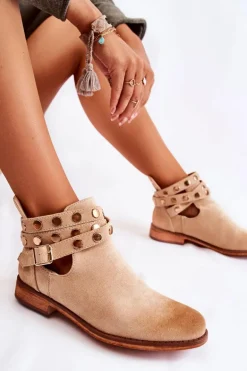 Damskie Botki Z Dżetami Na Płaskim Obcasie Beżowe Larino