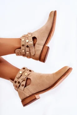 Damskie Botki Z Dżetami Na Płaskim Obcasie Beżowe Larino