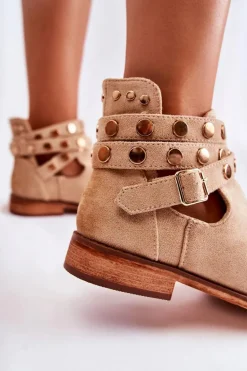 Damskie Botki Z Dżetami Na Płaskim Obcasie Beżowe Larino