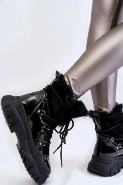 Damskie Botki Z Futerkiem Sznurowane Czarne Merron